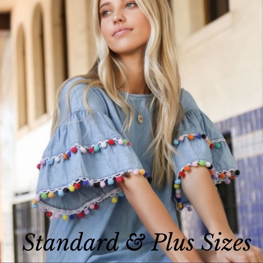 Chambray Tunic Dress With Pom Pom Details